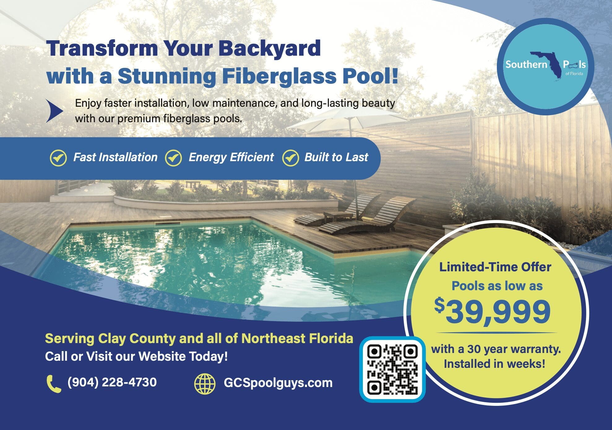 Promotional Flyer, fiberglass pools starting at $39,999