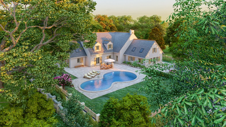 house with swimming pool and garden, aerial view