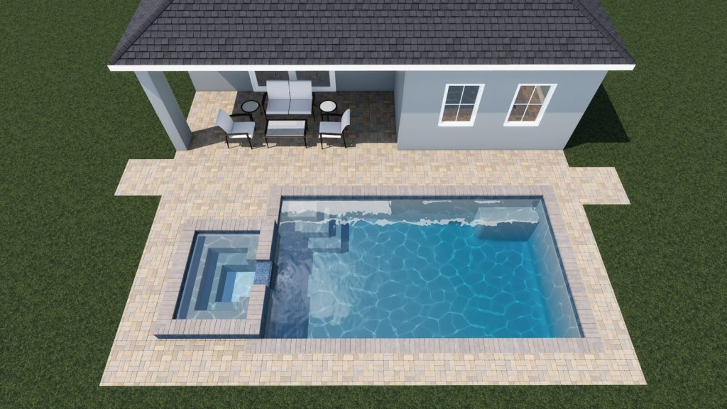Atlantic custom concrete pool design with tanning ledge and separate raised spa on a paver deck