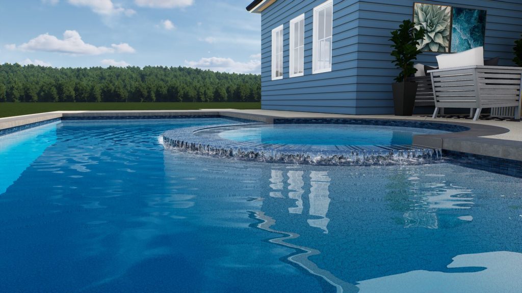 Fleming pool design with a curved sun shelf and freeform edge