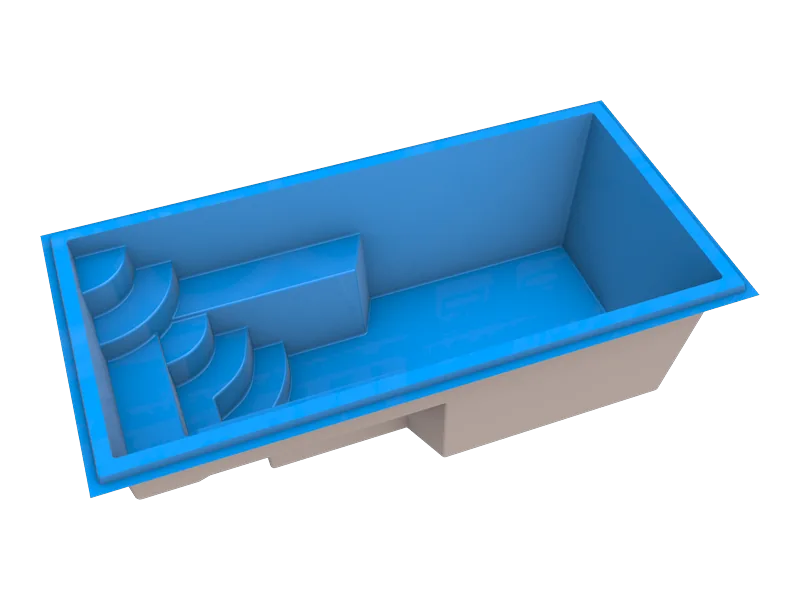 Small rectangular fiberglass pool shell, about 8 by 16 feet, with corner entry steps and a flat bottom