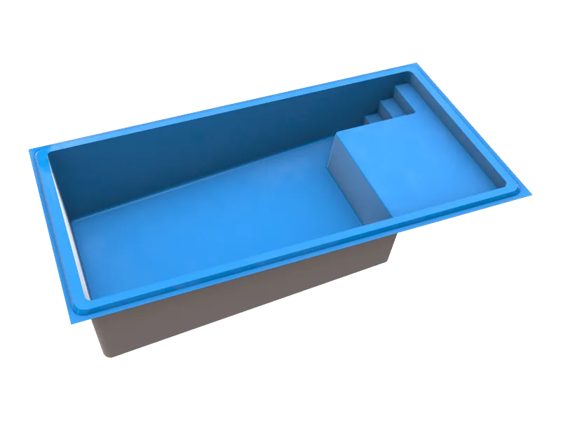 Compact rectangular fiberglass pool shell, about 12 by 23 feet, with a built-in tanning ledge and entry steps