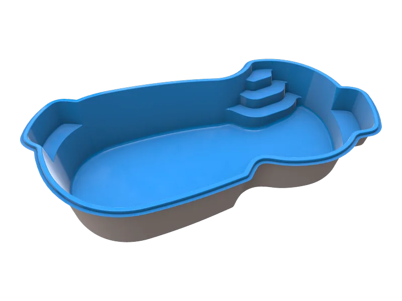 Freeform fiberglass pool shell, about 12 by 25 feet, with curved sides and built-in bench seating