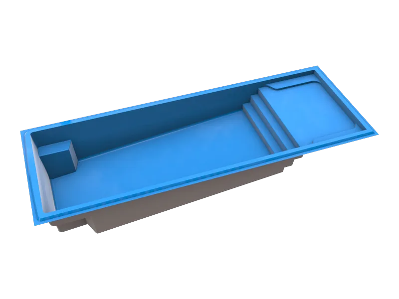 Large rectangular fiberglass pool shell, about 12 by 33 feet, with an open swim area and entry steps