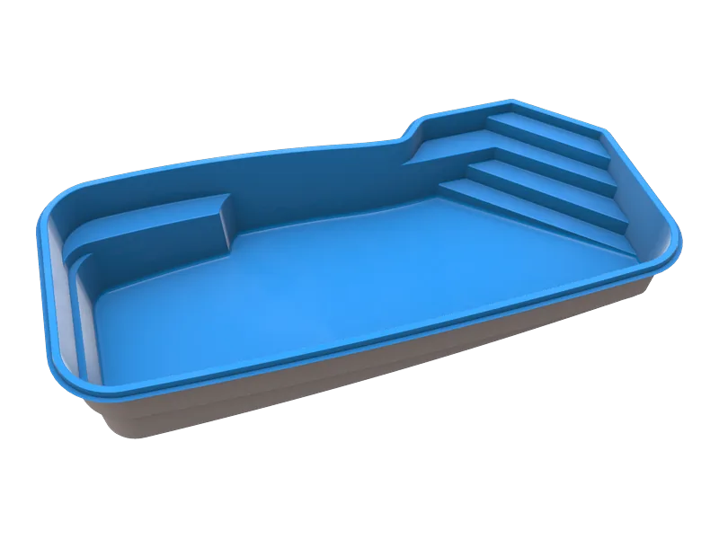 Large geometric fiberglass pool shell, about 14 by 30 feet, with a wide entry area and deep end