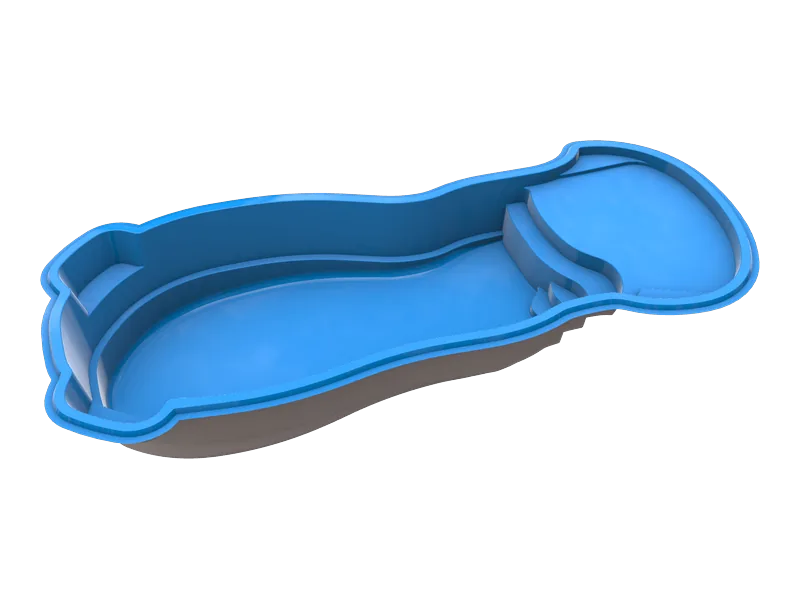 Large freeform fiberglass pool shell, about 14 by 35 feet, with flowing curves and generous swim space