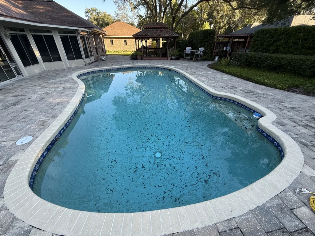 Freeform pool with cloudy, debris-filled water before a drain and clean service