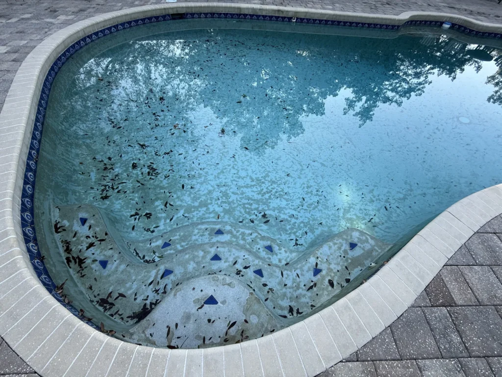 Attached spa with heavy debris buildup before restorative cleaning