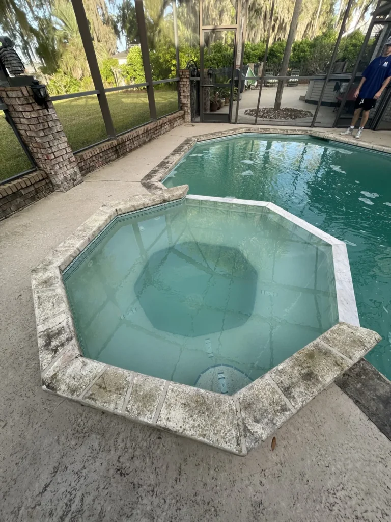 Pool with an attached spa under a screen enclosure